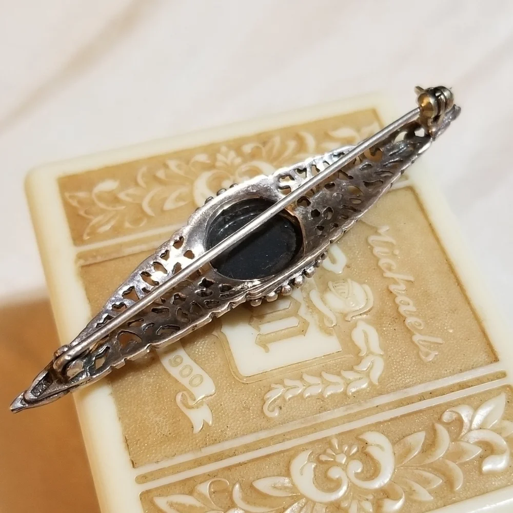 Antique 1930s Sterling Filigree Onyx Bar Brooch